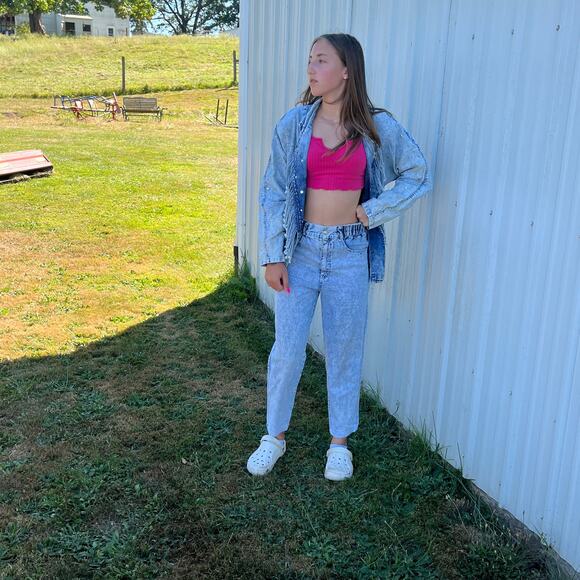 Fringe Acid Wash Denim 2 Piece Jeans Suit Vintage 90s Andiamo Womens Blue Small - Picture 16 of 16